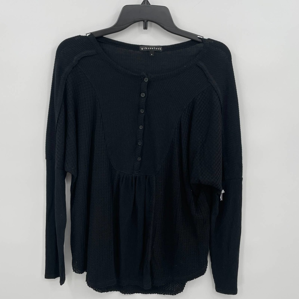 Gibsonlook Women's Waffle Knit Long Sleeve Henley Top Black Size XS - Picture 2 of 4